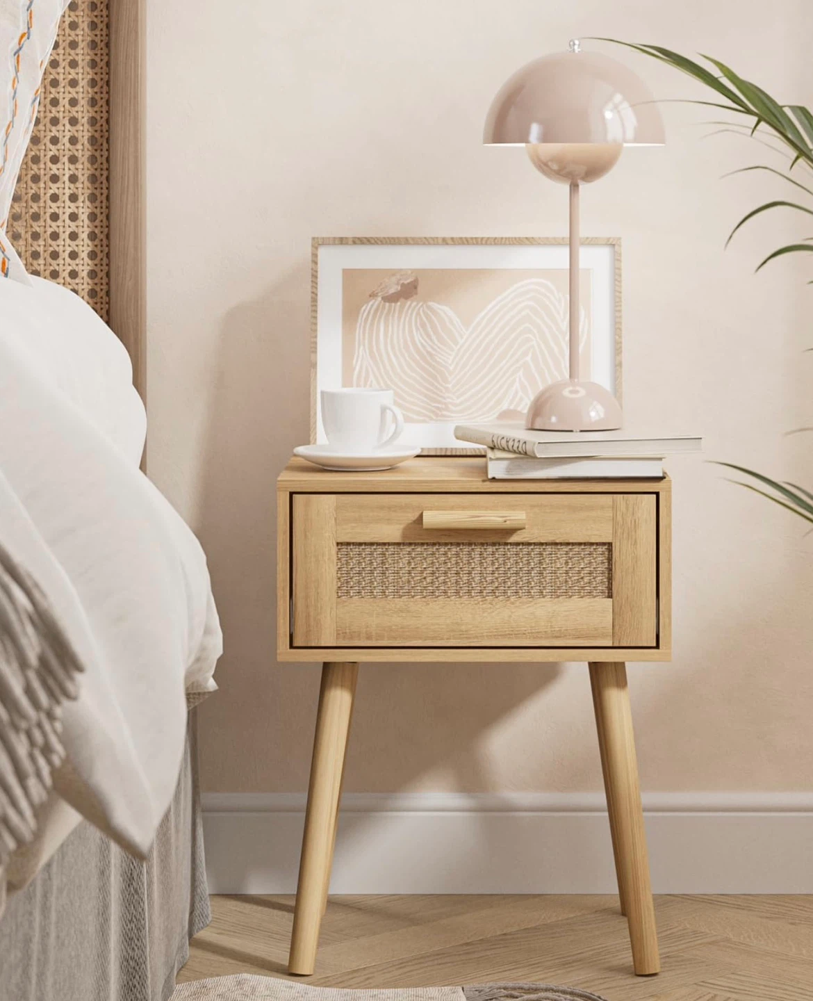 Light Wood Nightstand with Rattan Drawer