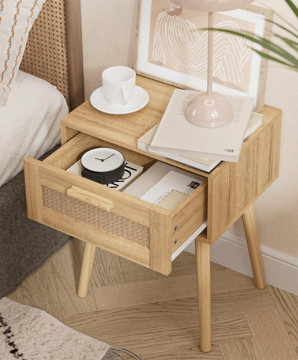 Light Wood Nightstand with Rattan Drawer - photo 3