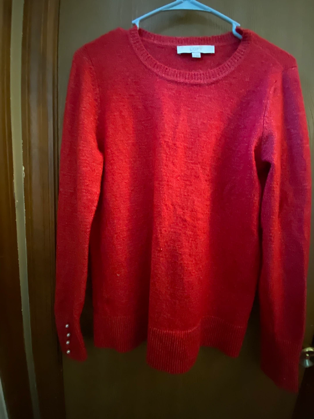 LOFT Red Crew Neck Sweater with Pearl Details - Size S