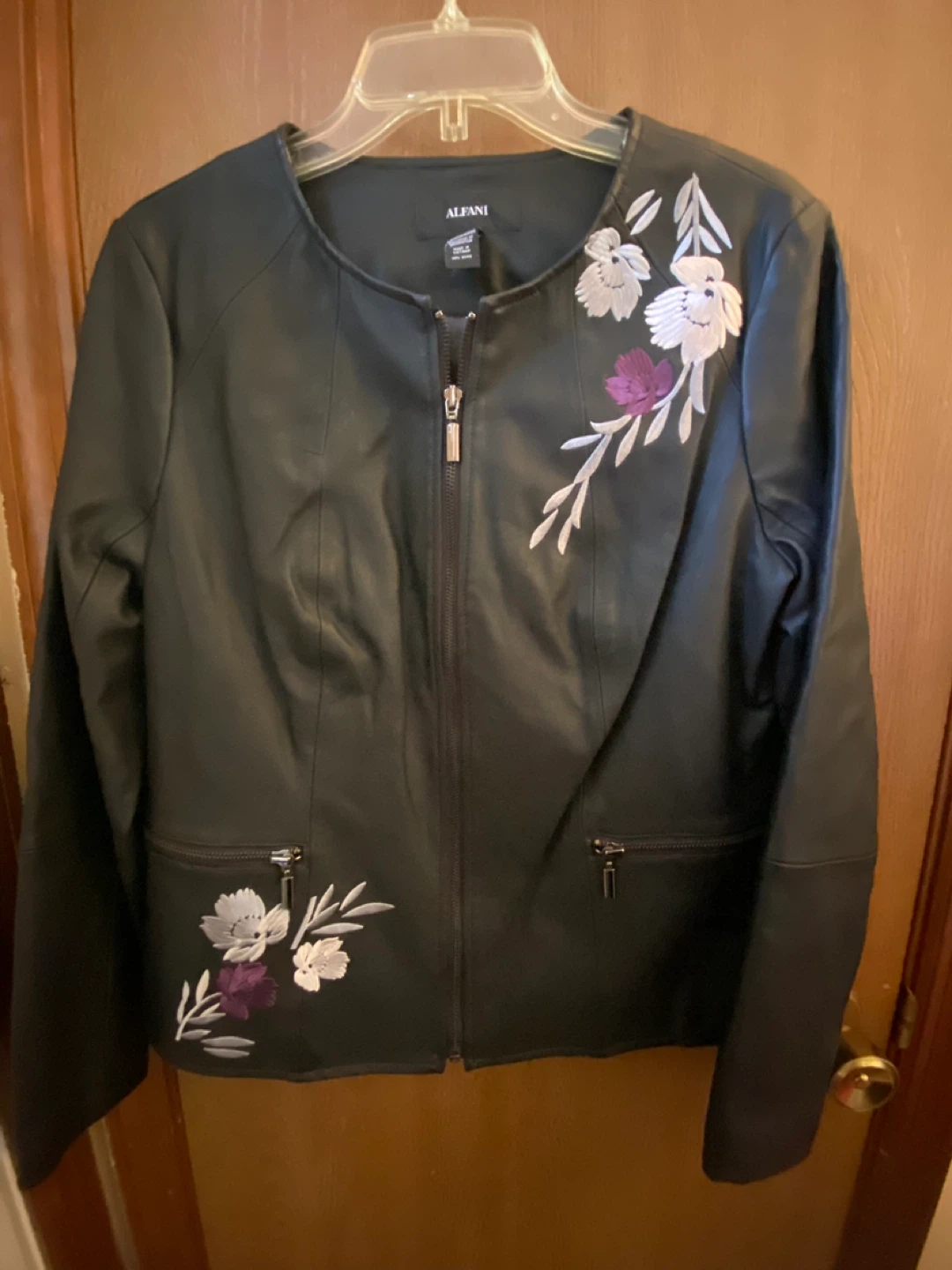 Alfani Black Faux Leather Embroidered Jacket Size M