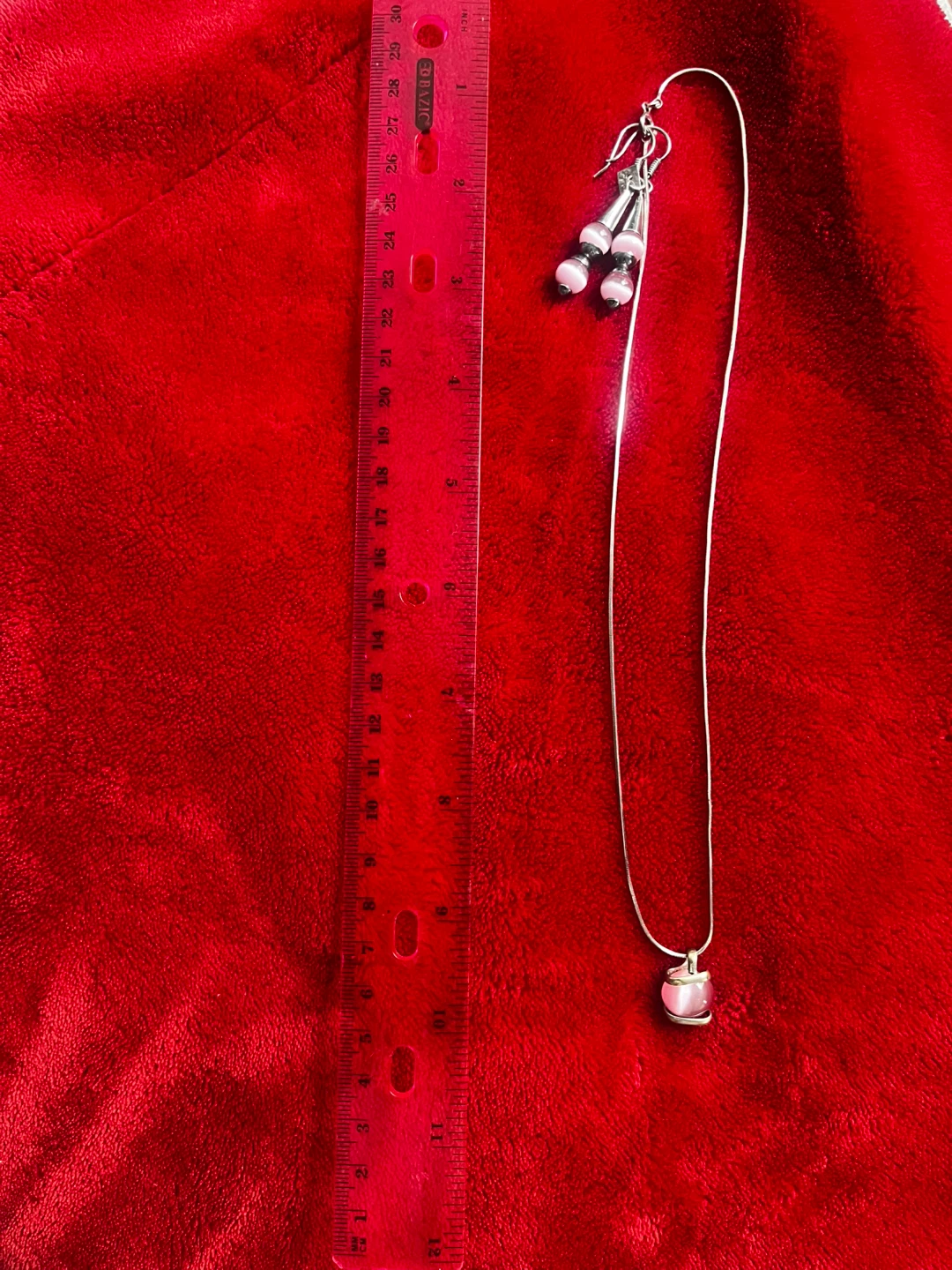 Silver Necklace and Earring Set Pink Stone