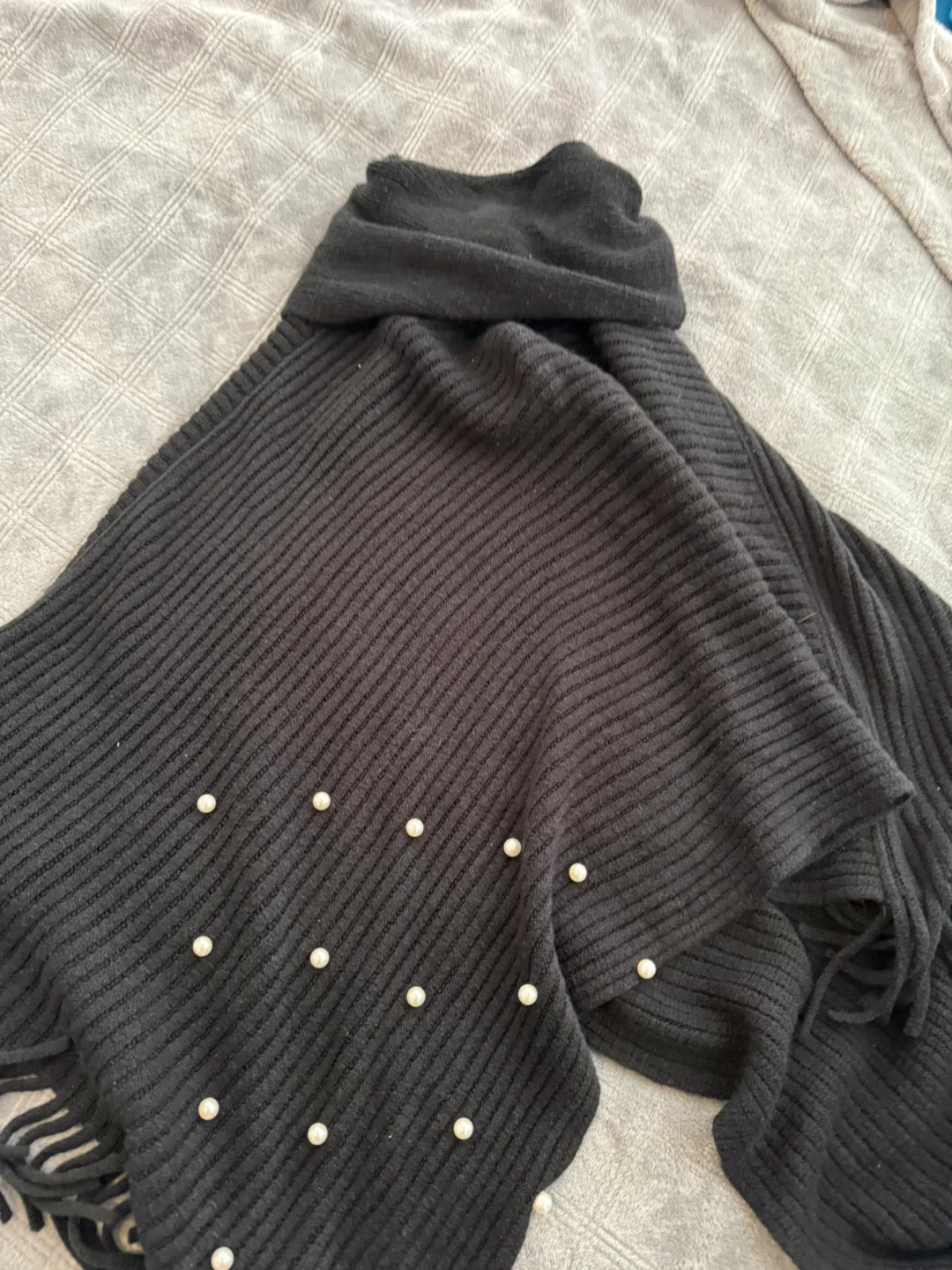 Black Ribbed Knit Poncho with Faux Pearl Embellishments