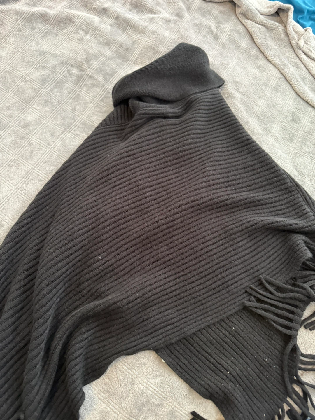 Black Ribbed Knit Poncho with Faux Pearl Embellishments - photo 3