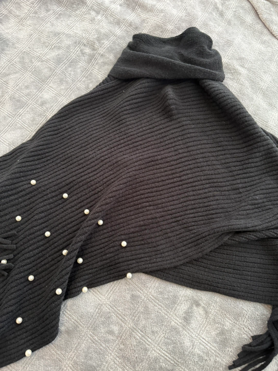 Black Ribbed Knit Poncho with Faux Pearl Embellishments - photo 2