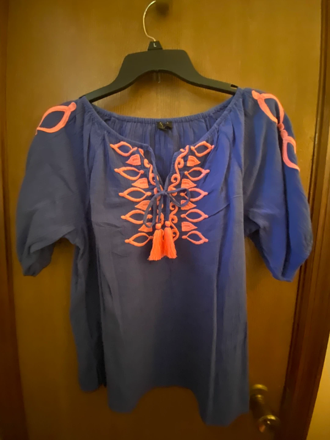 Talbots Petite Blue Embroidered Tassel Tunic Top Size SP