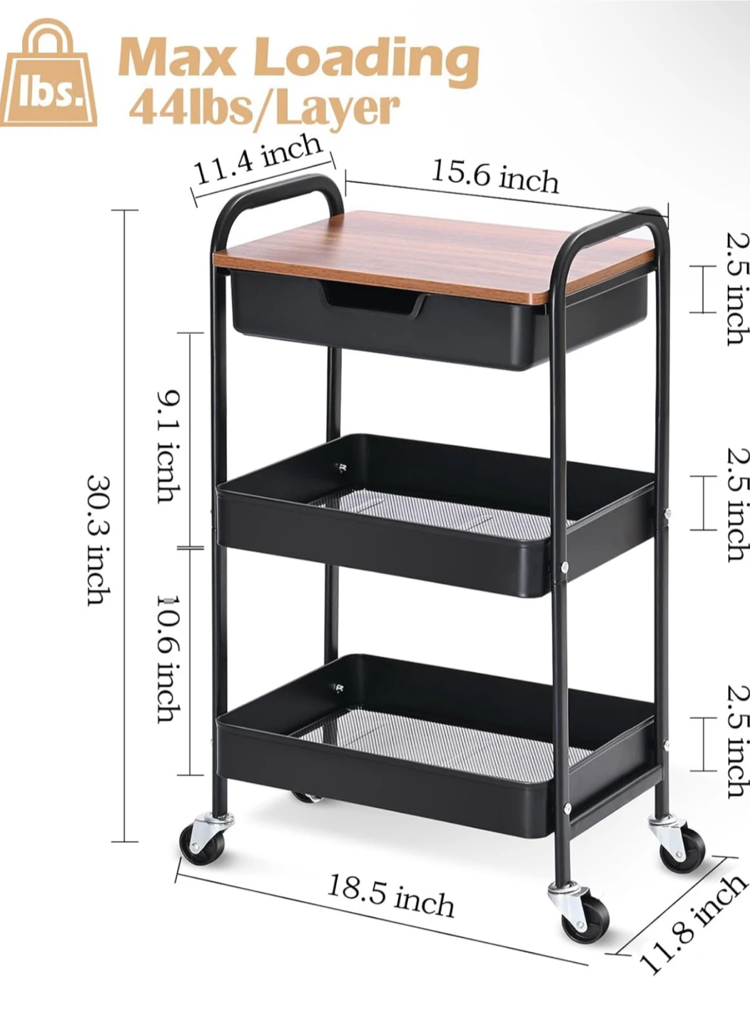 3-Tier Rolling Storage Cart with Drawer - photo 4