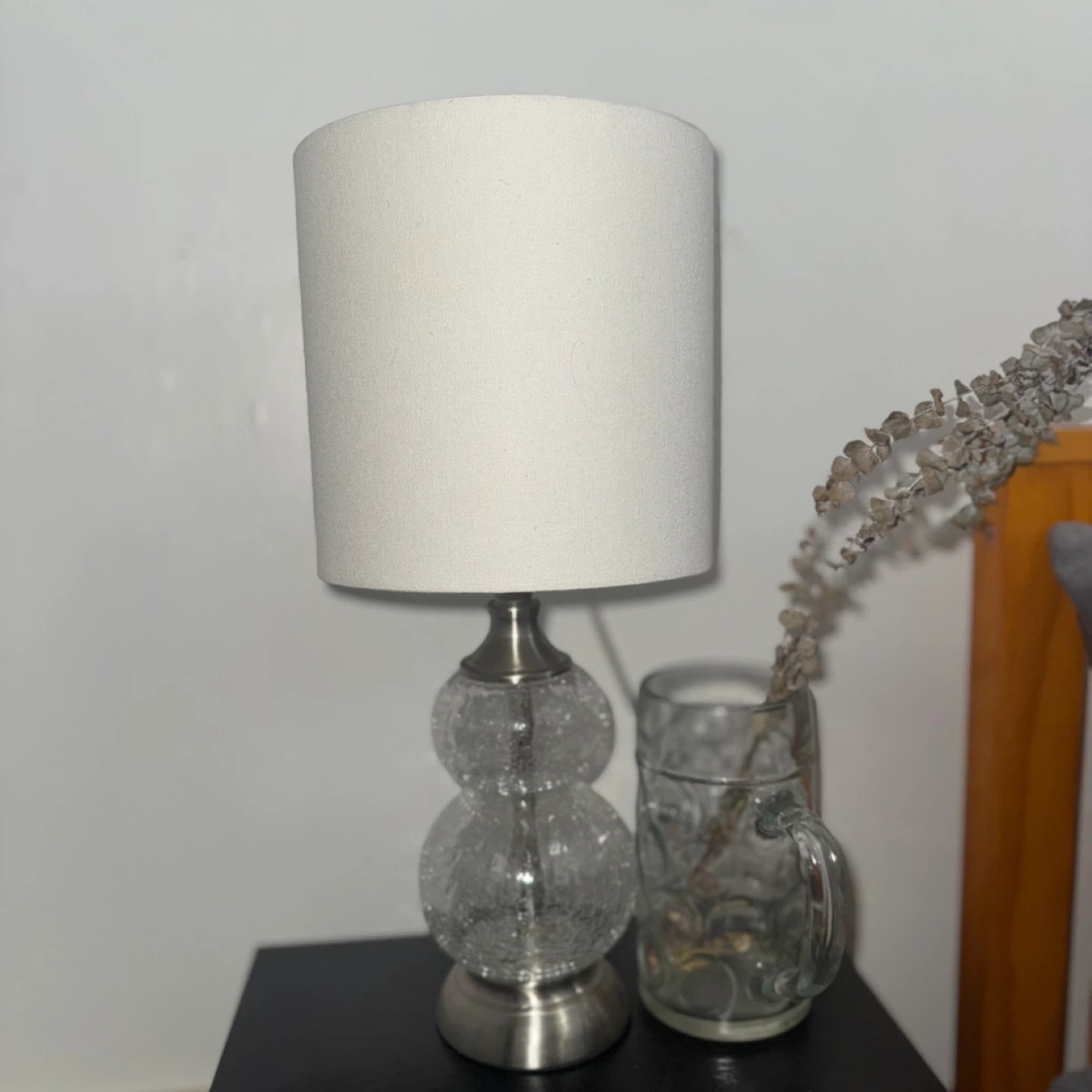 Clear Crackle Glass Table Lamp with White Shade