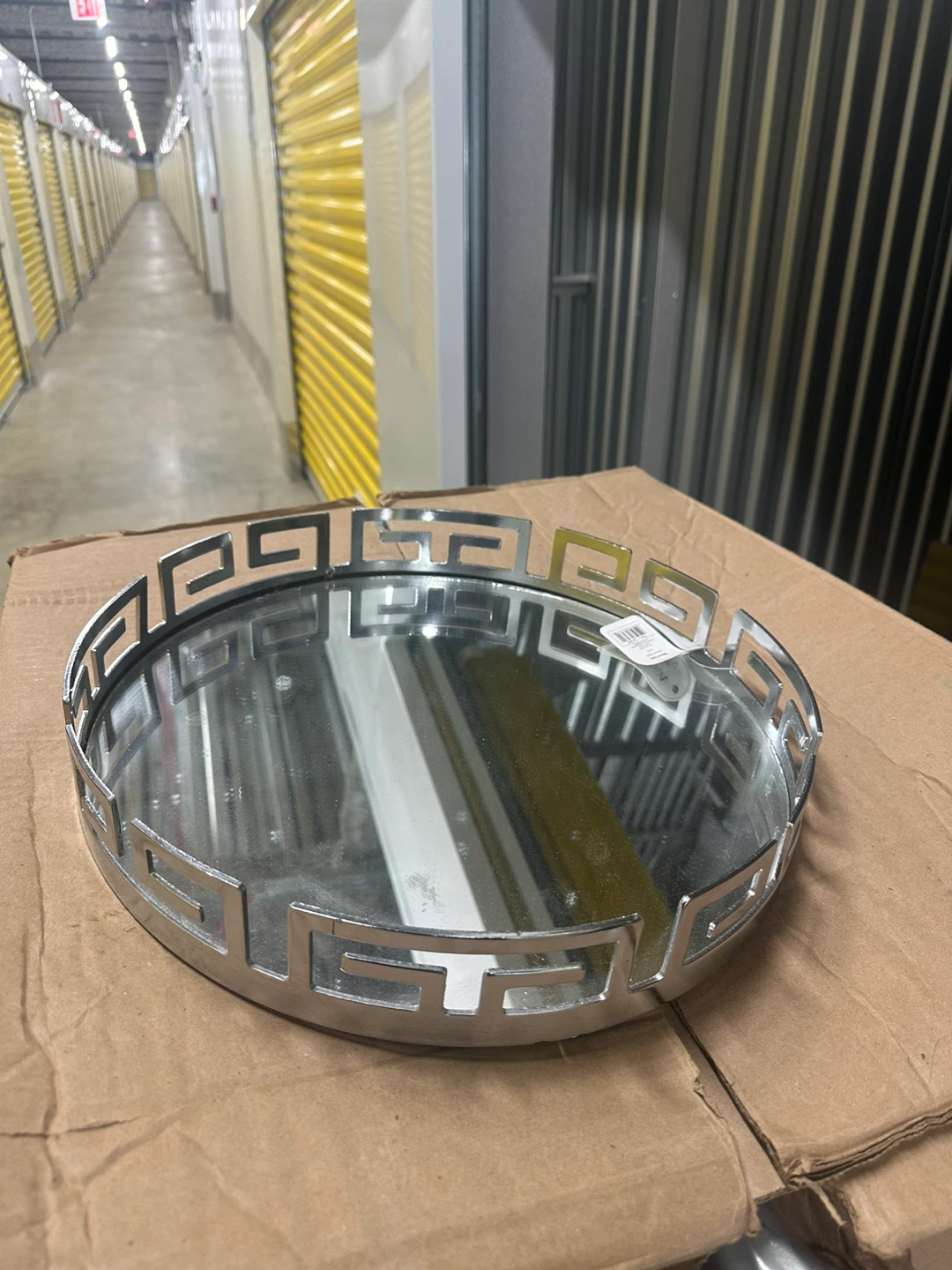 Decorative Mirrored Tray with Silver Greek Key Design