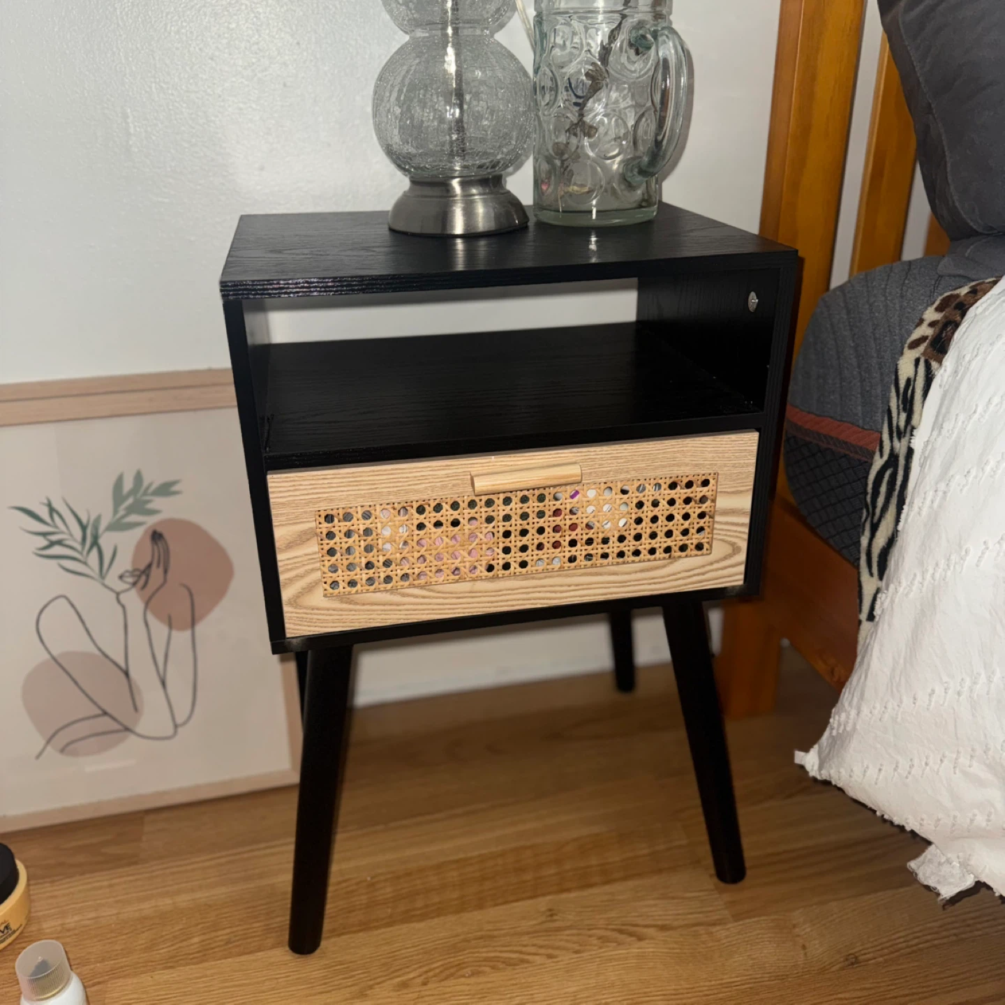 Black Nightstand with Rattan Drawer