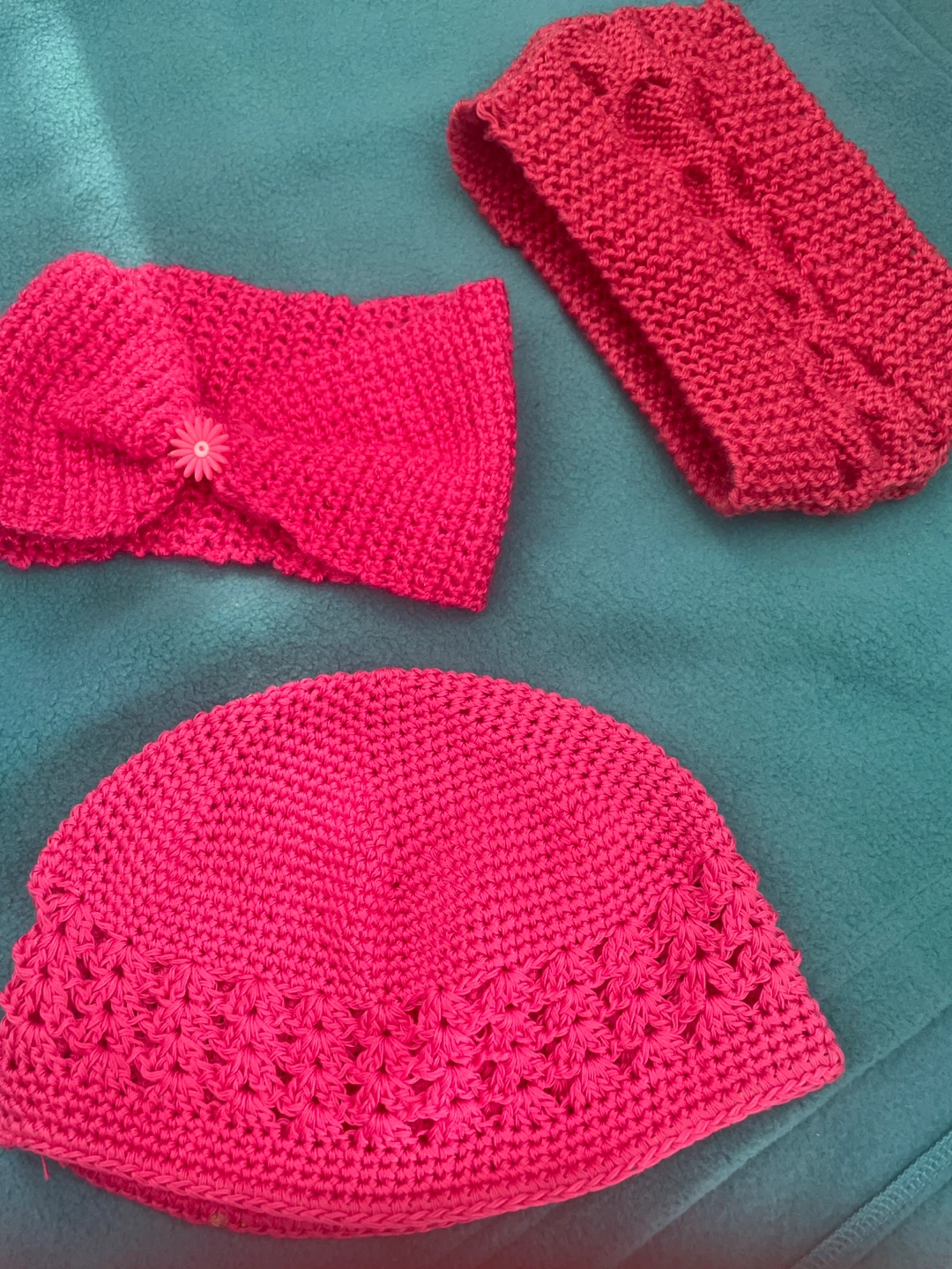 Hand-knitted Pink Baby Hat & Headbands Set