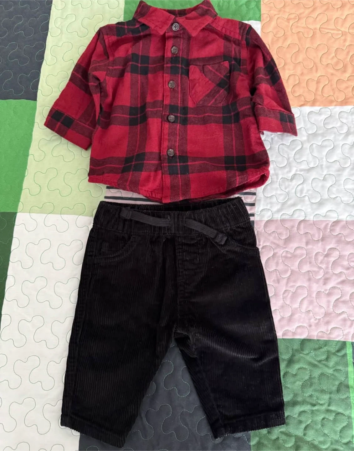 George Baby Red Plaid Shirt & Black Corduroy Pants Set 0-3M