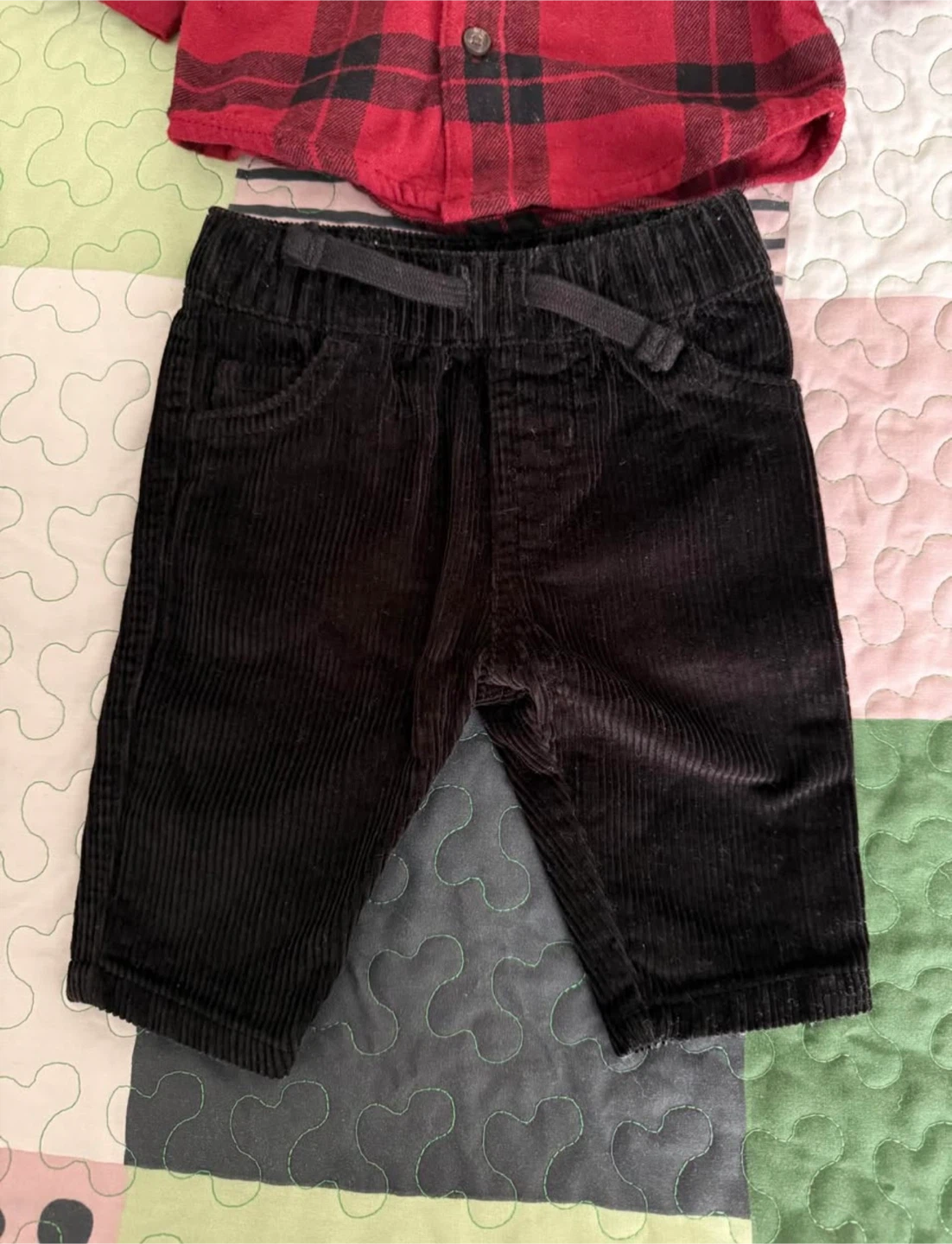 George Baby Red Plaid Shirt & Black Corduroy Pants Set 0-3M - photo 2