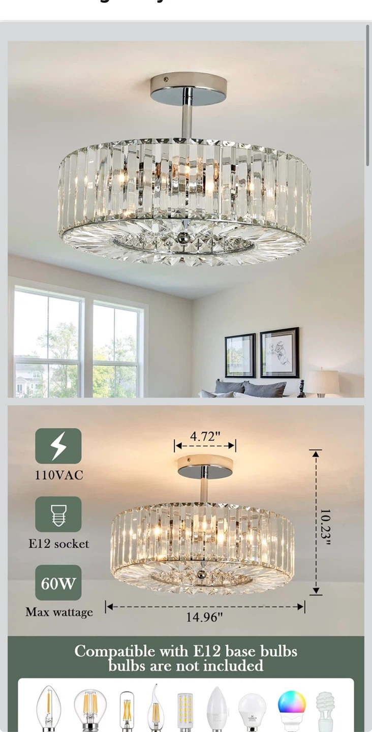 Modern Crystal Drum Chandelier Flush Mount Light Fixture