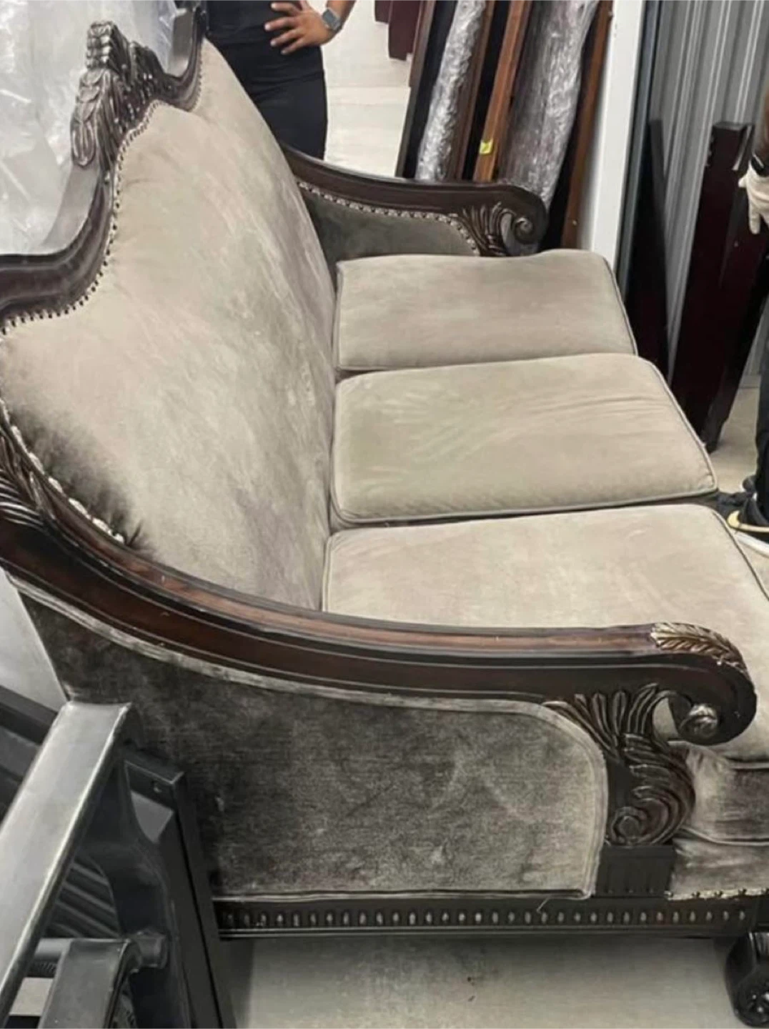 Velvet Sofa with Ornate Wood Frame - photo 5