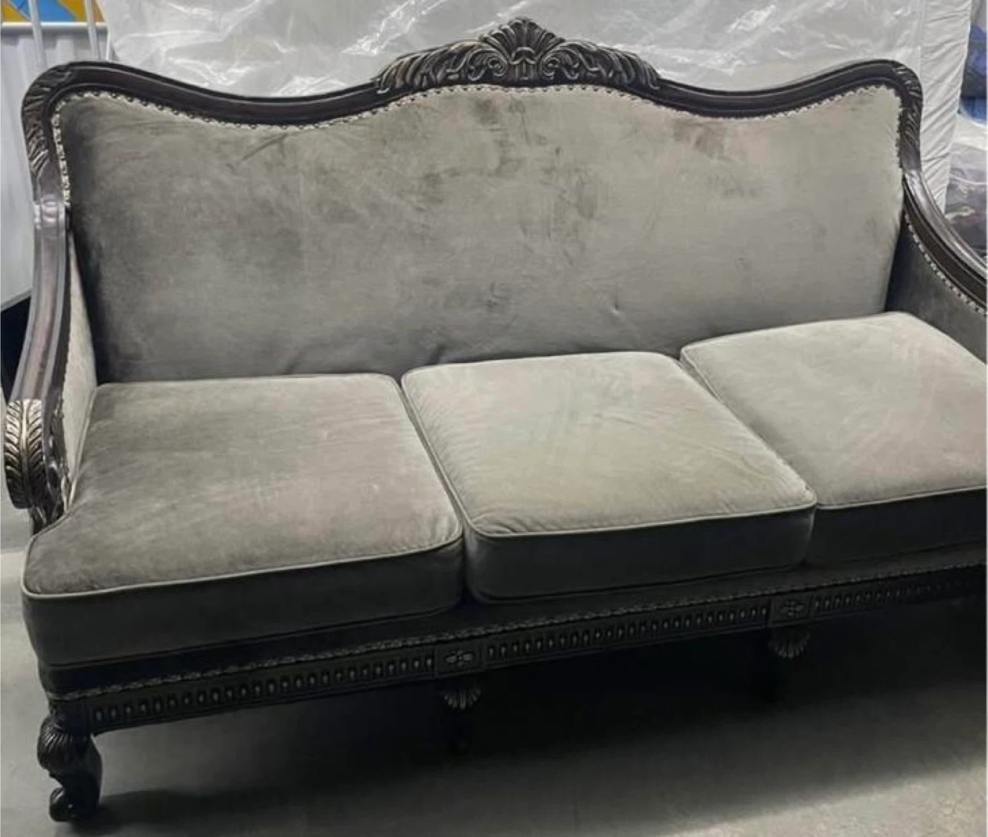 Velvet Sofa with Ornate Wood Frame - photo 4