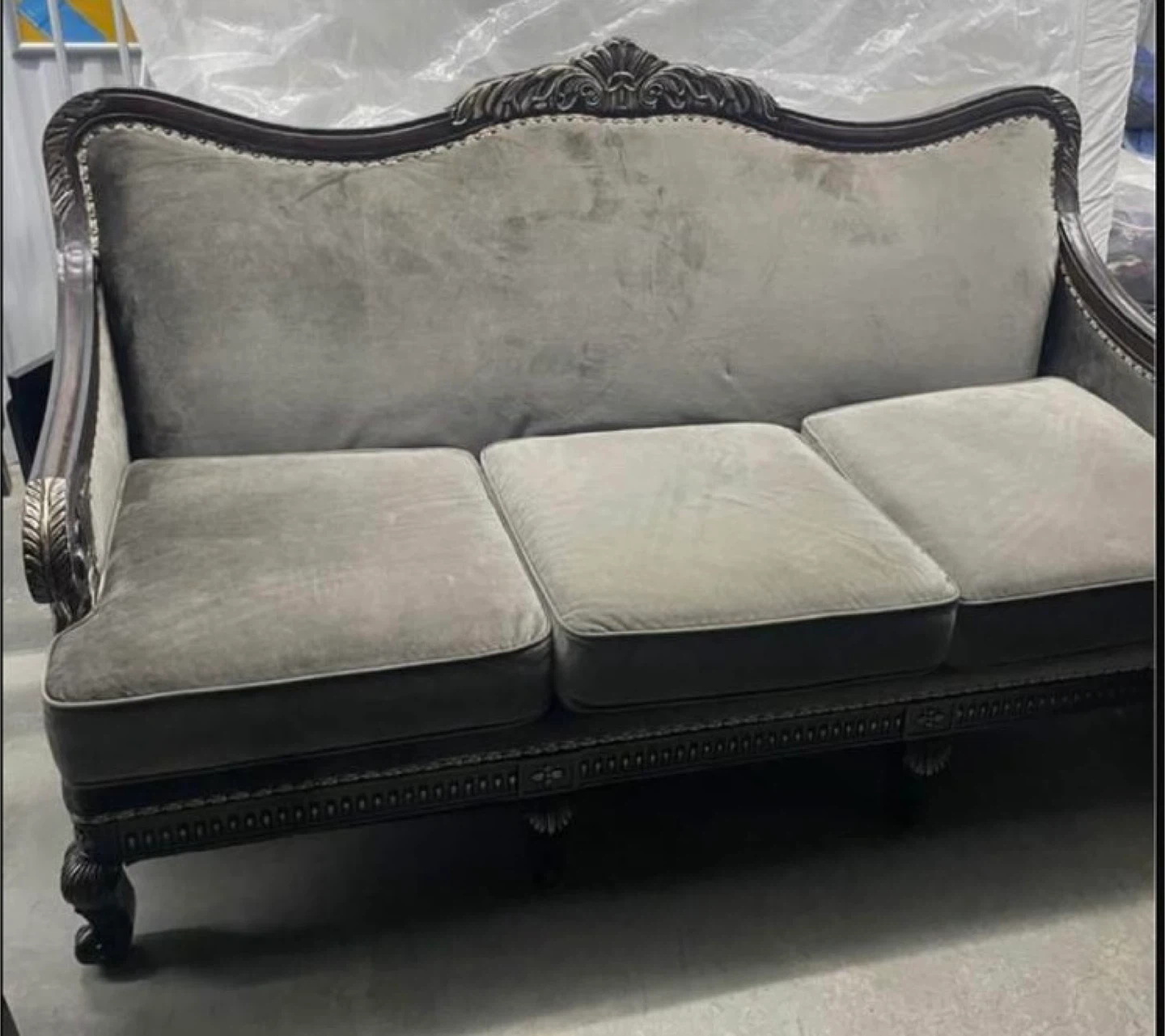 Velvet Sofa with Ornate Wood Frame