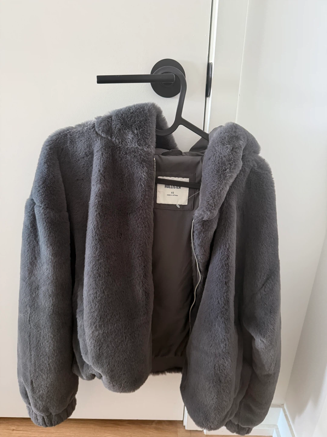 Hollister Faux Fur Hooded Bomber Jacket - Grey - XS