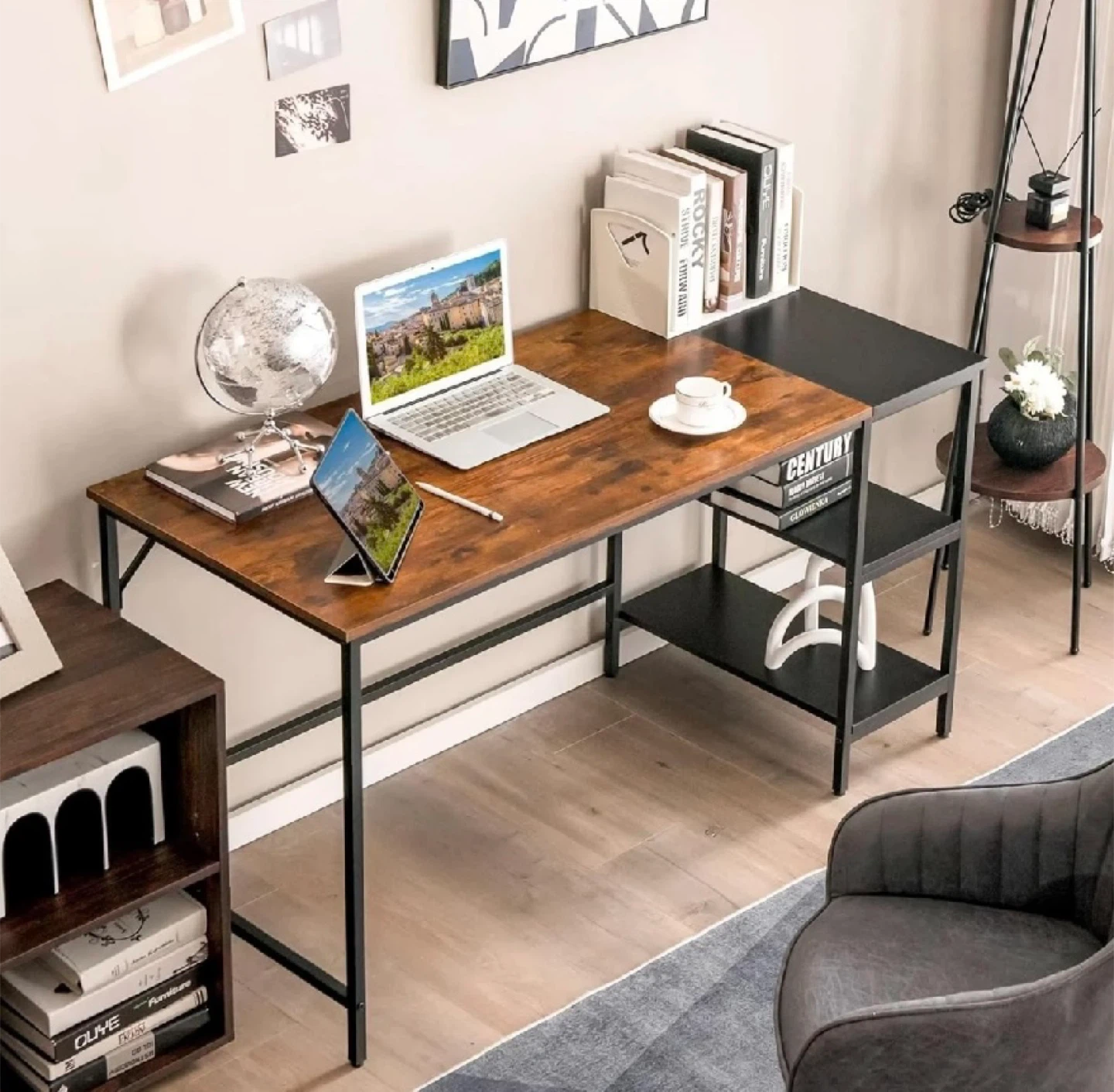 Rustic Wood and Black Metal Desk with Shelves