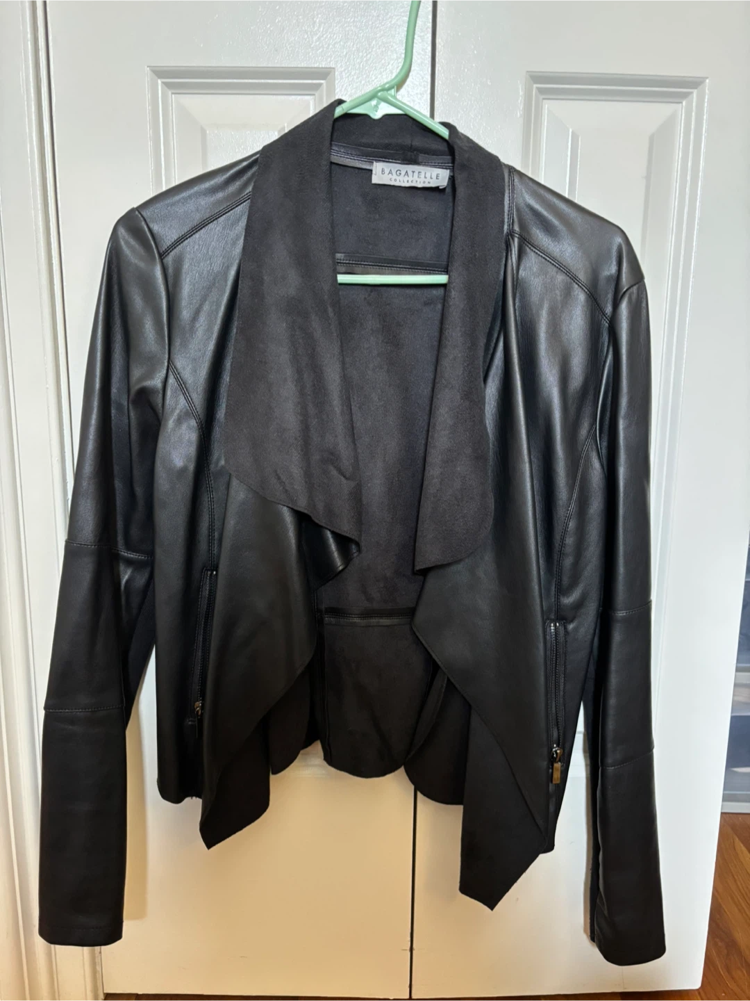 Bagatelle Black Faux Leather Waterfall Drape Jacket