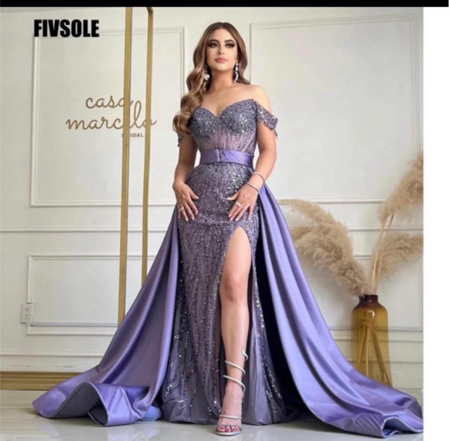 FIVSOLE Lavender Beaded Off-the-Shoulder Gown with Train