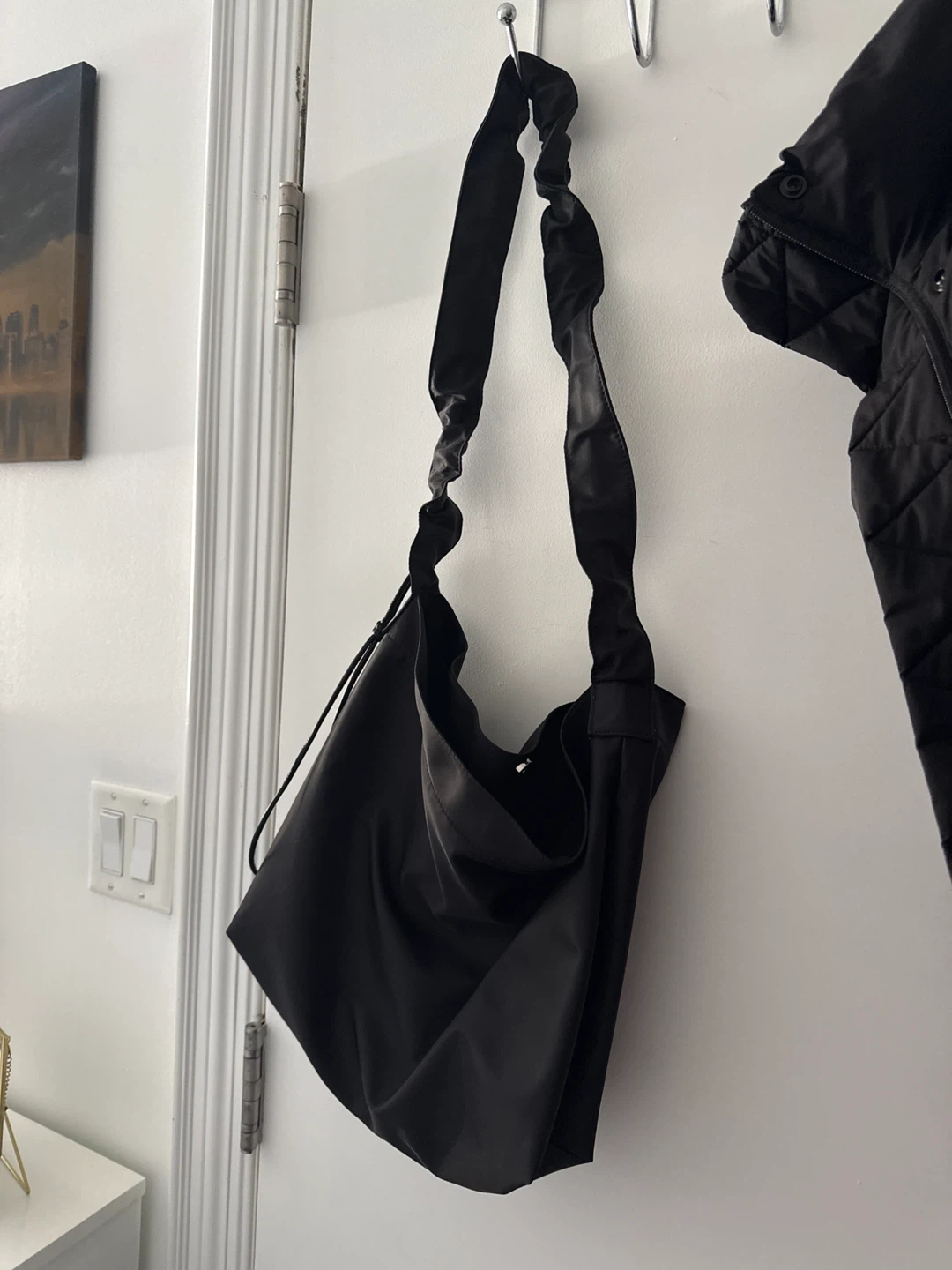 Black Shoulder Bag with Gathered Strap
