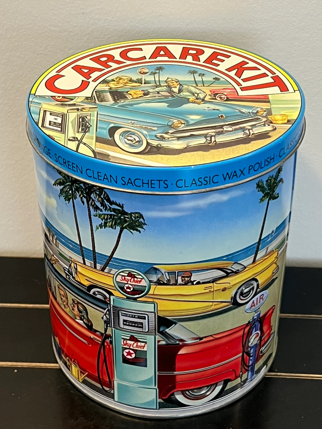 Vintage Car Care Kit Tin with Duster, Sponge, and Polish