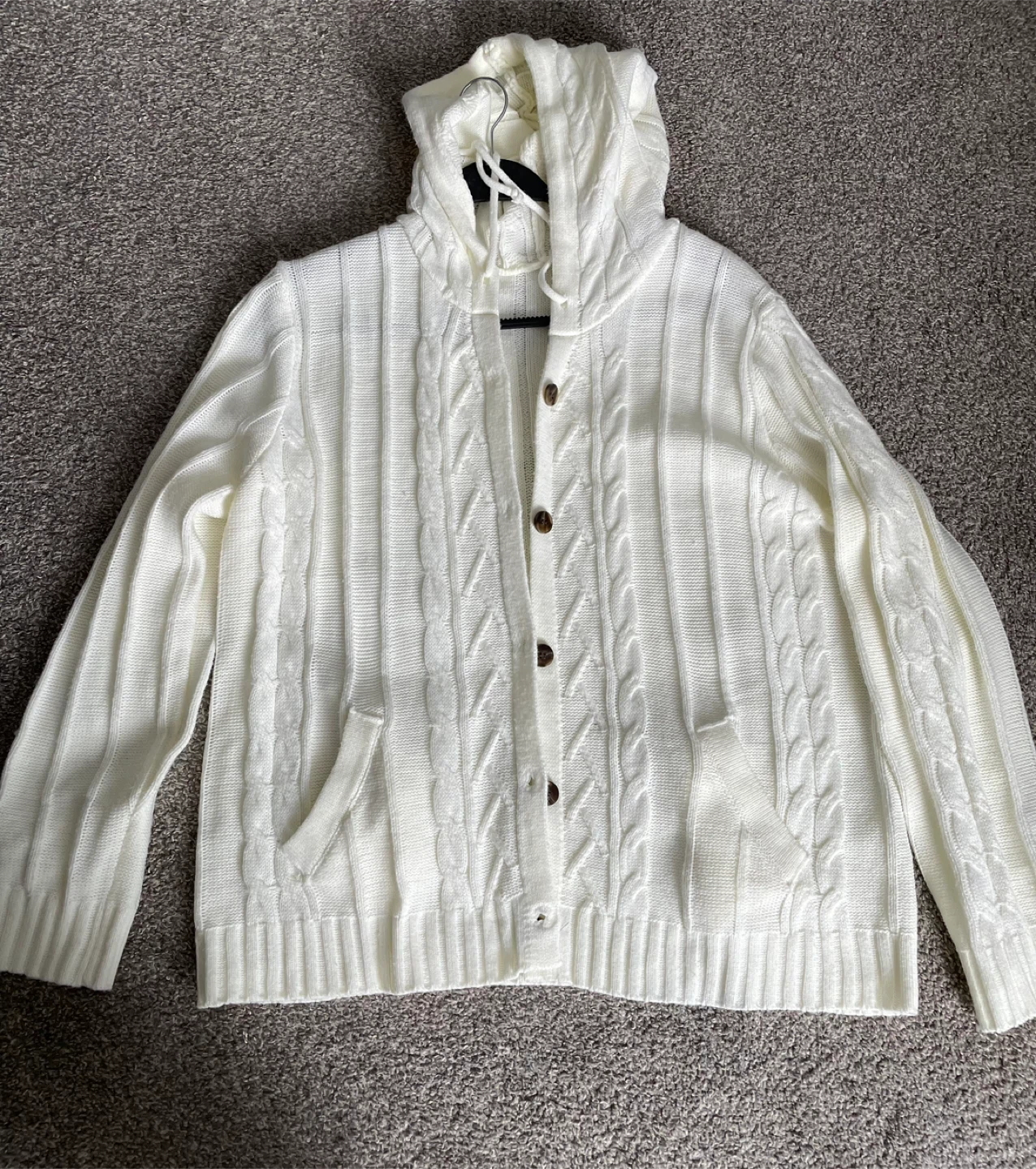 Vintage White Cable Knit Hooded Cardigan