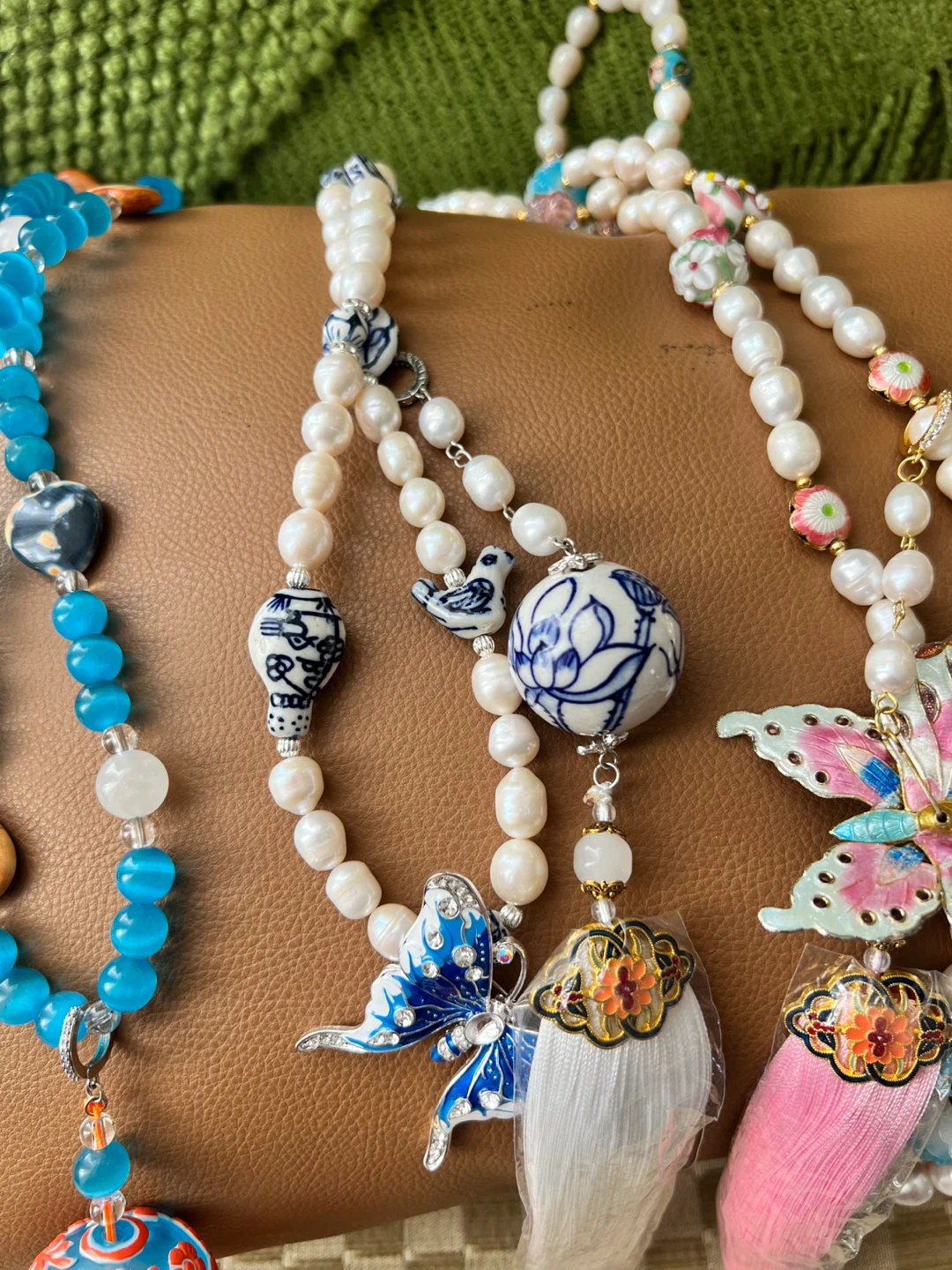 Pearl Necklace with Blue Butterfly and Porcelain Charms