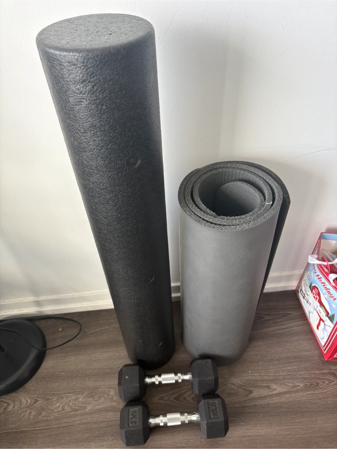 Foam Roller, Yoga Mat, 10lb Dumbbells and Resistance Bands