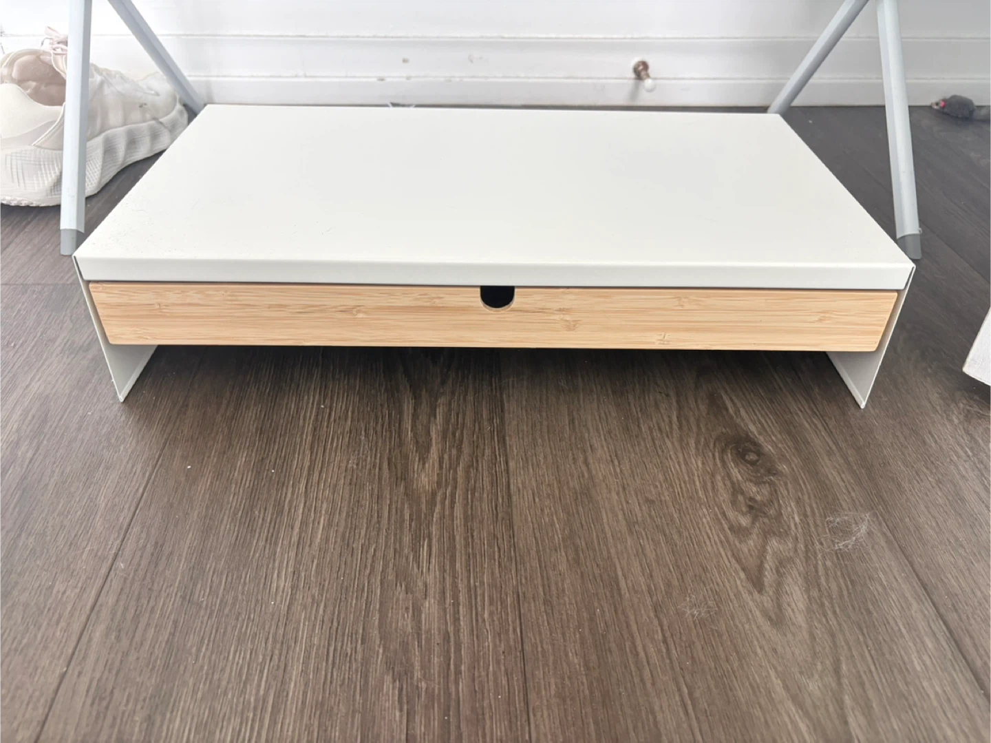 White Monitor Stand with Bamboo Drawer