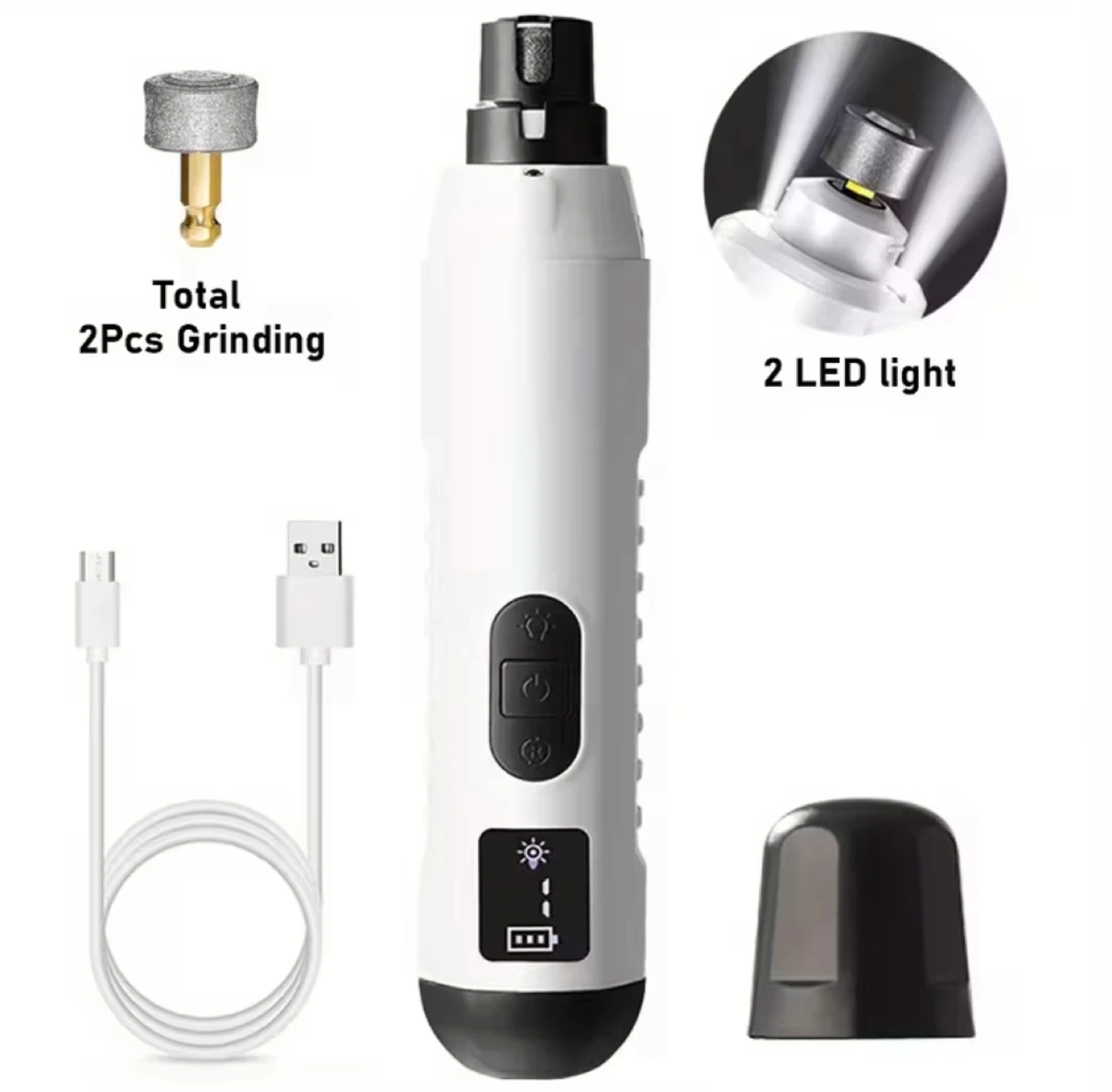 White Quiet Pet Nail Grinder ZLY-608 5-Speed USB Rechargeable