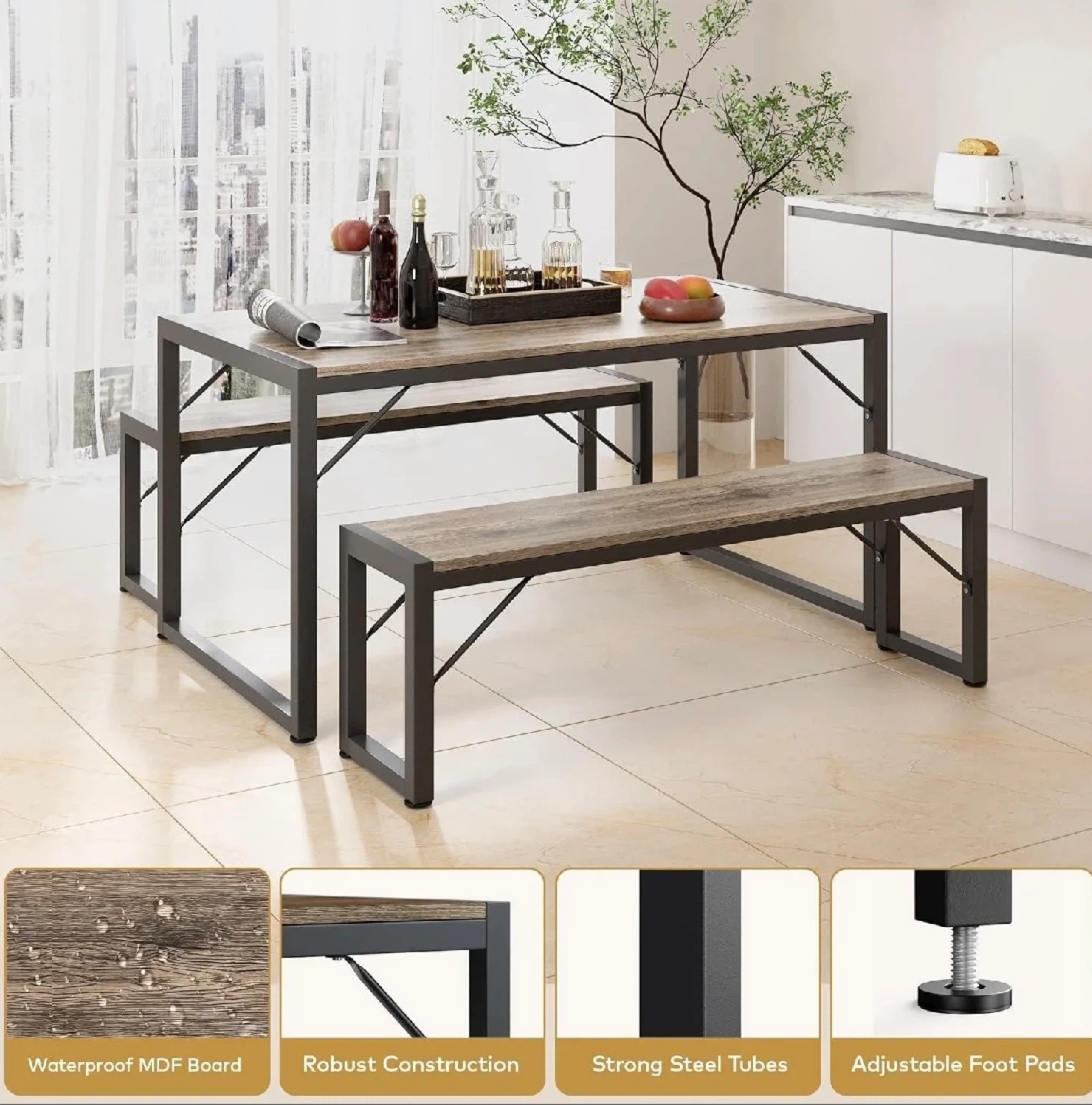 3-Piece Dining Set with Table and 2 Benches - photo 2