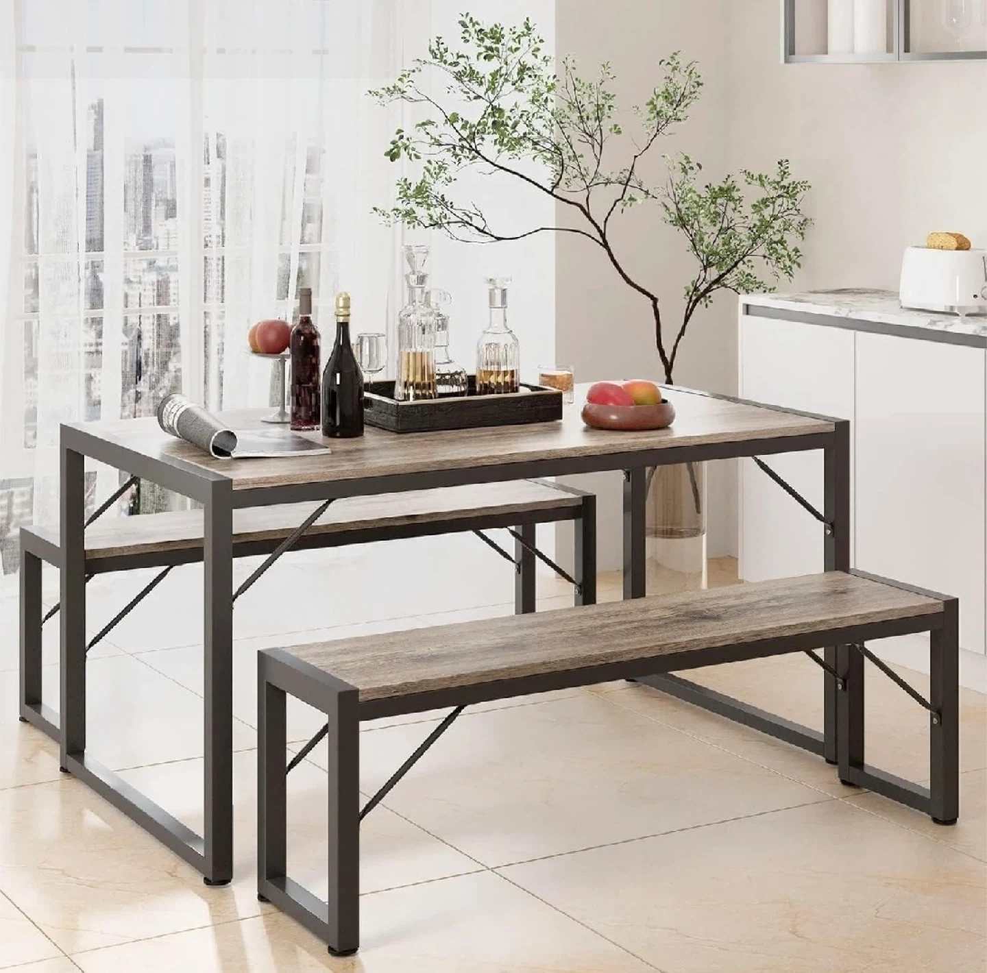 3-Piece Dining Set with Table and 2 Benches