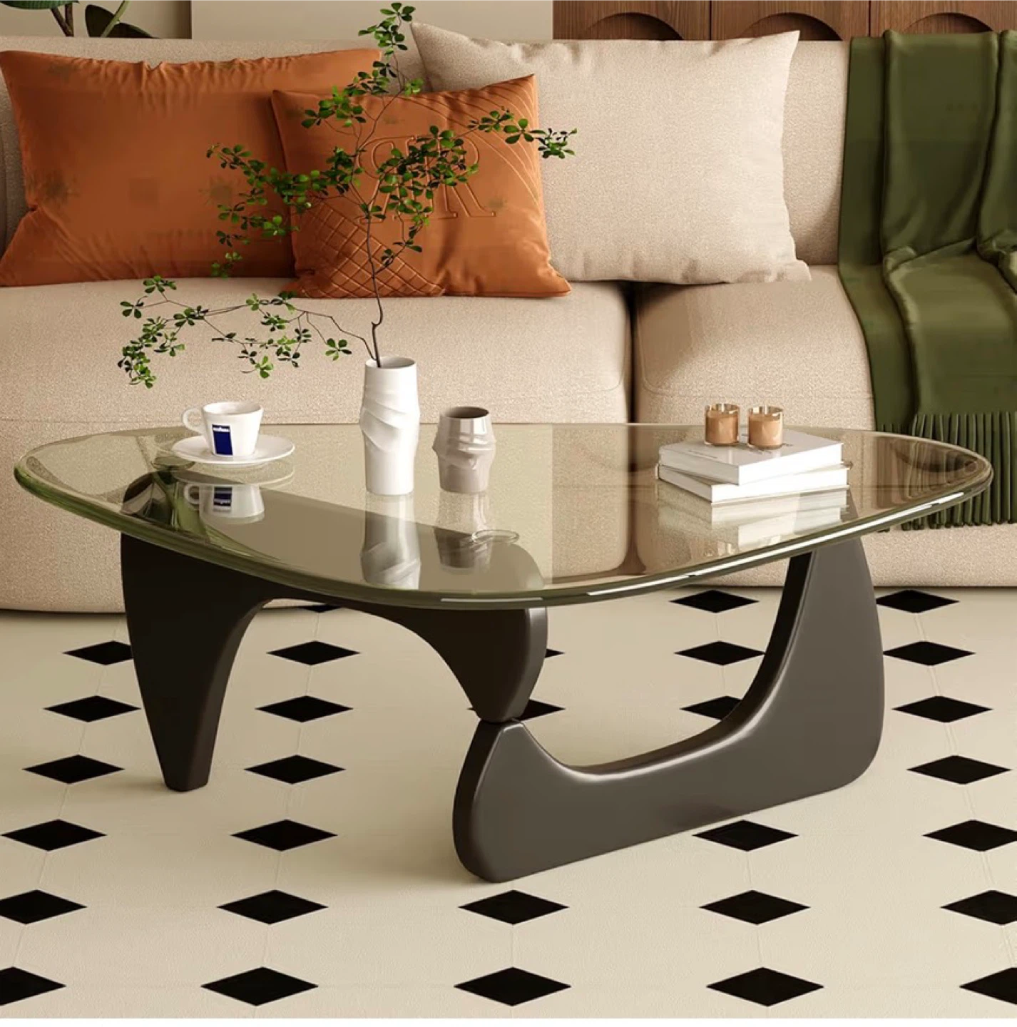 Noguchi styled Glass Top Coffee Table with Oak Wood Base