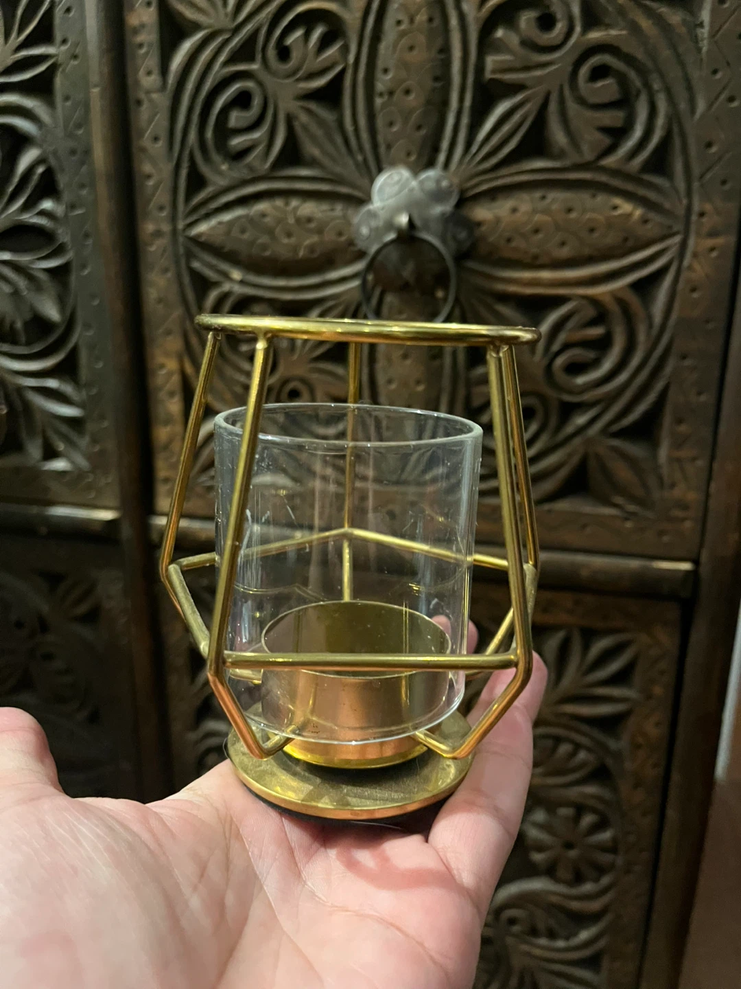 Geometric Gold Metal and Glass Candle Holder