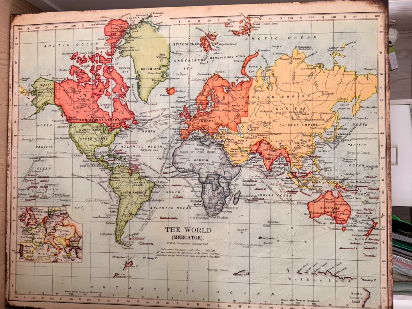 1800s World Map Canvas on Frame