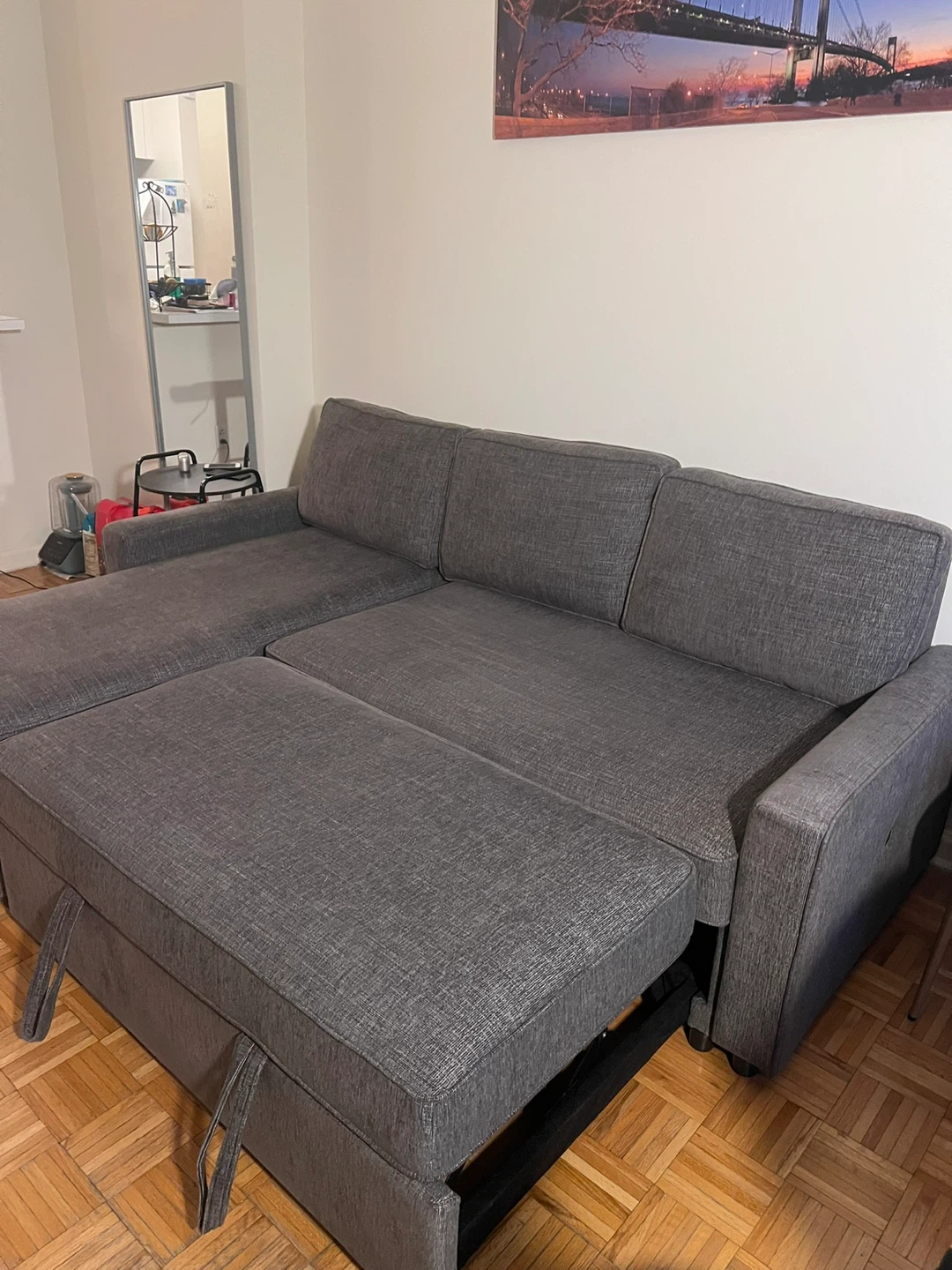 Gray Sectional Sofa with Storage and Pull-Out Bed