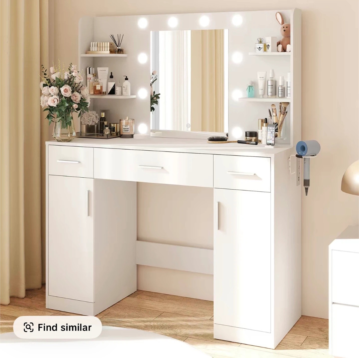 White Vanity Dressing Table with Lighted Mirror and Storage