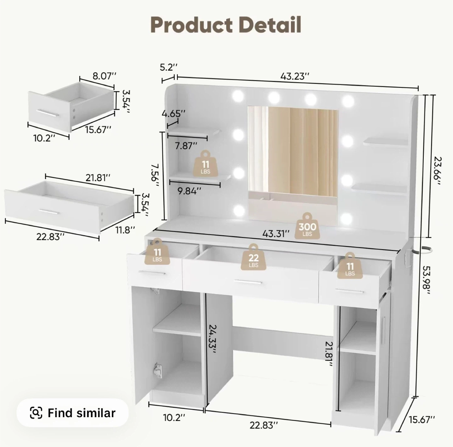 White Vanity Dressing Table with Lighted Mirror and Storage - photo 2