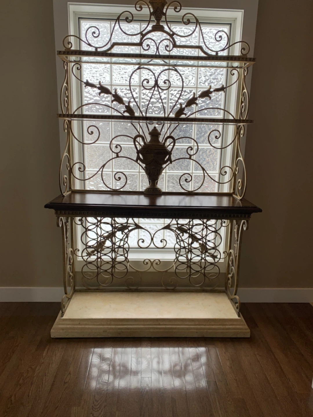 Ornate Metal and Wood Baker's Rack with Stone  Base