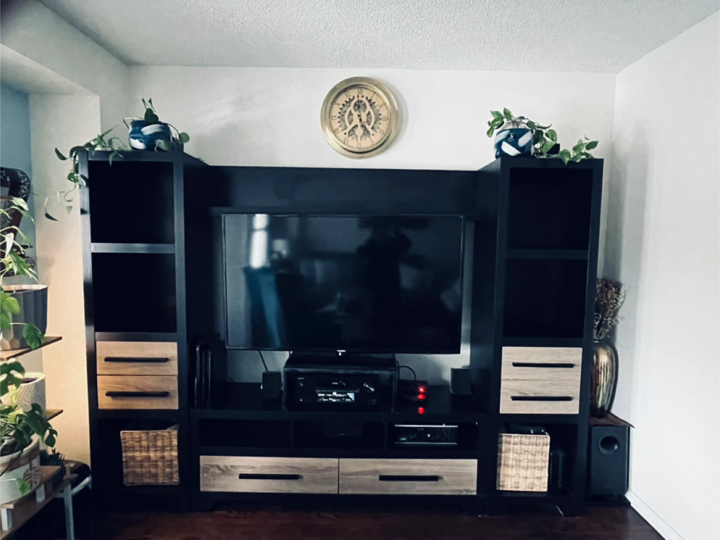 Black Entertainment Unit with Wood Accents