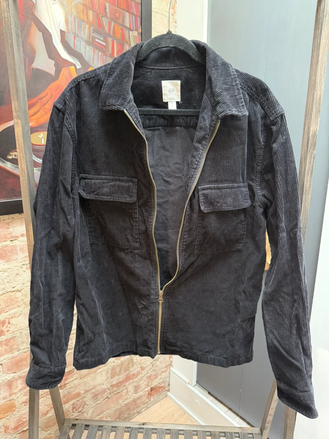 H&M Black Corduroy Zip-Up Jacket - Size Medium