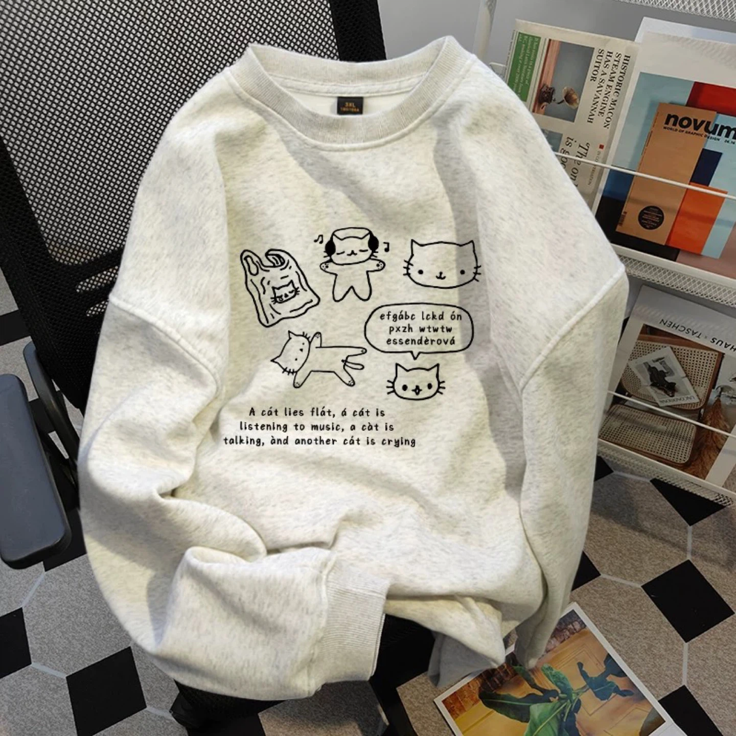 Funny "A Cat Lies Flat" Cat Graphic Sweatshirt