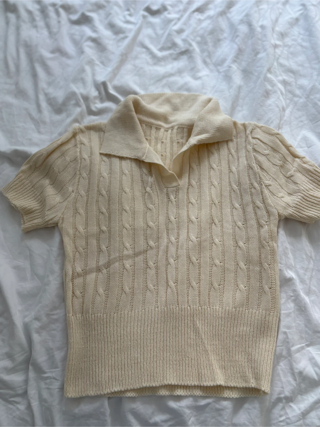 XS brand new korean Cream Knit Collared Short Sleeve Sweater