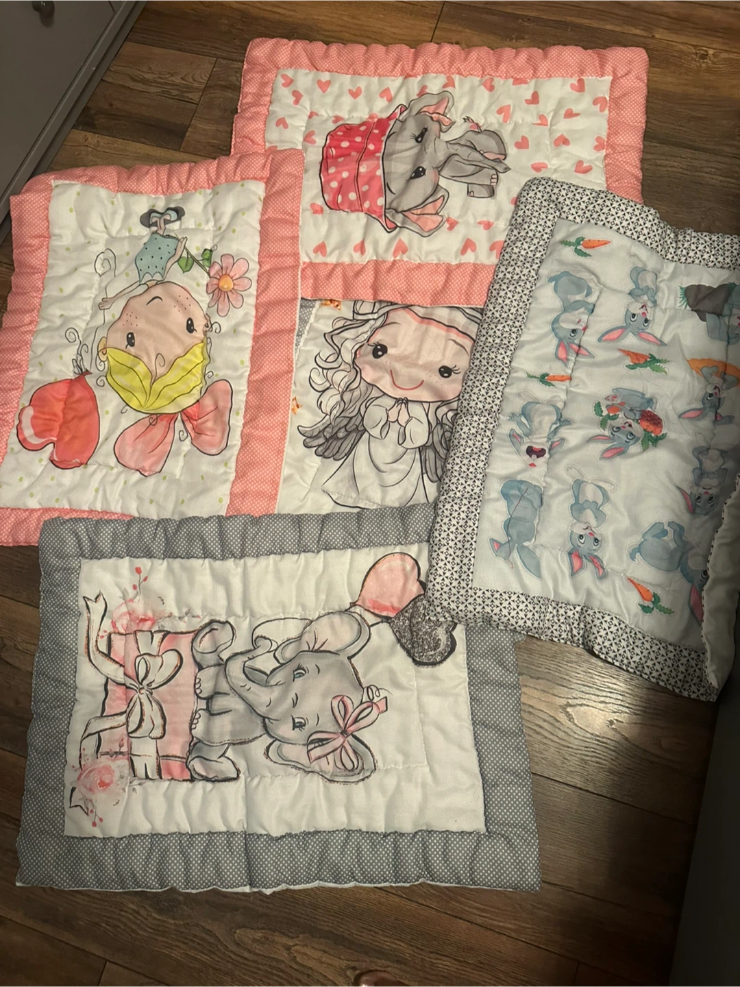 Set of 5Baby Quilts with Elephants and Bunnies