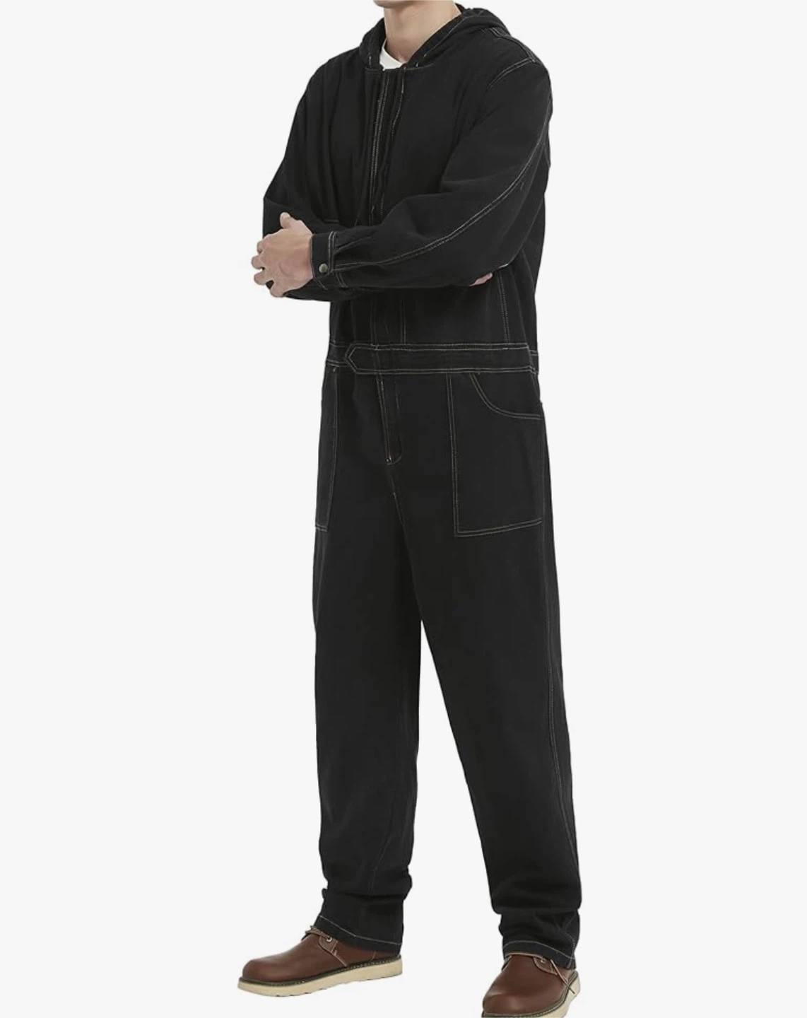 Black Hooded Work Jumpsuit with Reflective Strips - photo 3