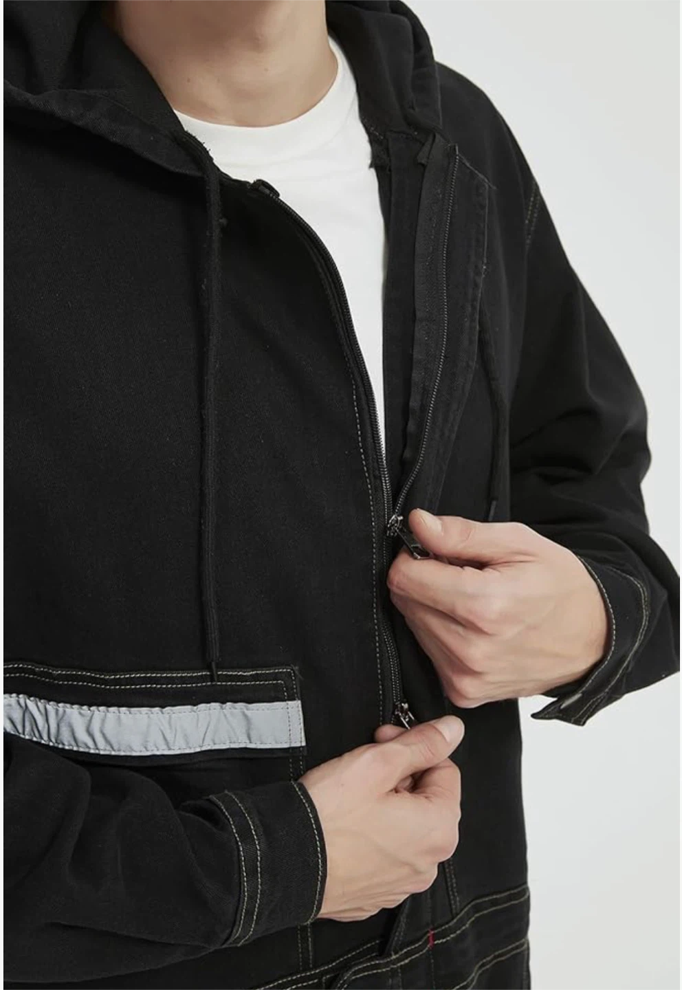 Black Hooded Work Jumpsuit with Reflective Strips - photo 5