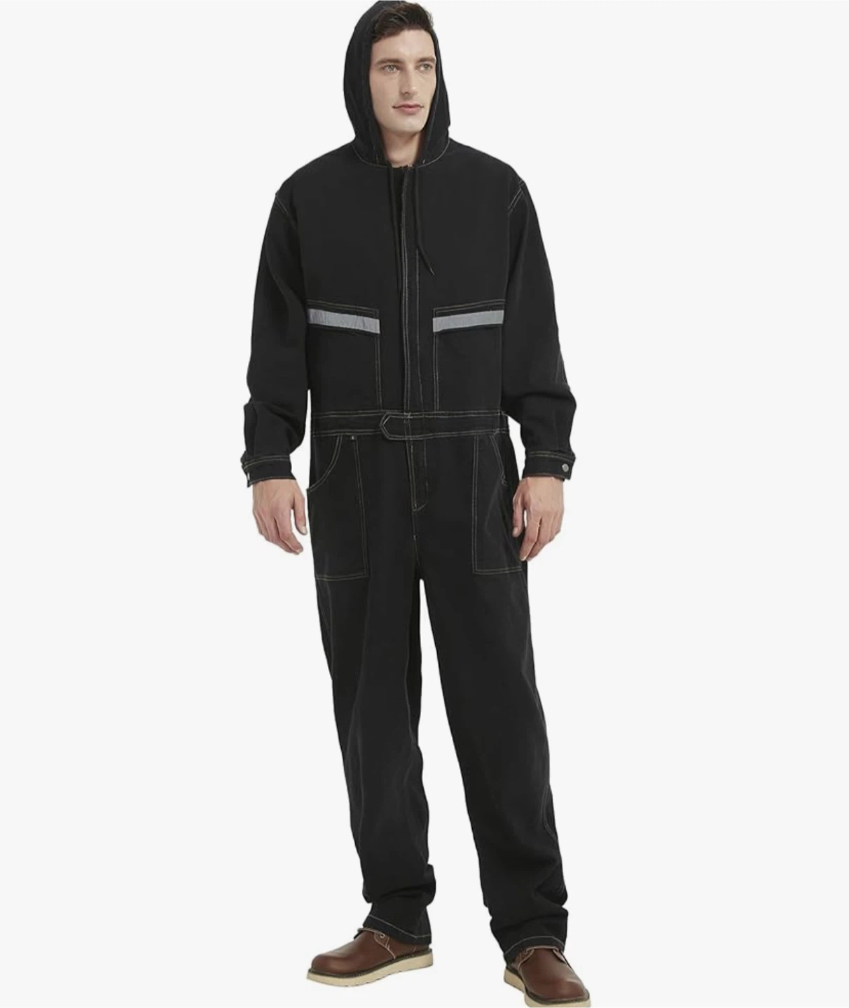 Black Hooded Work Jumpsuit with Reflective Strips - photo 4