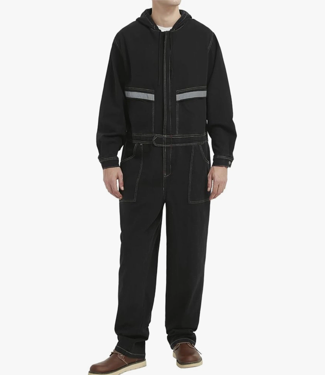 Black Hooded Work Jumpsuit with Reflective Strips