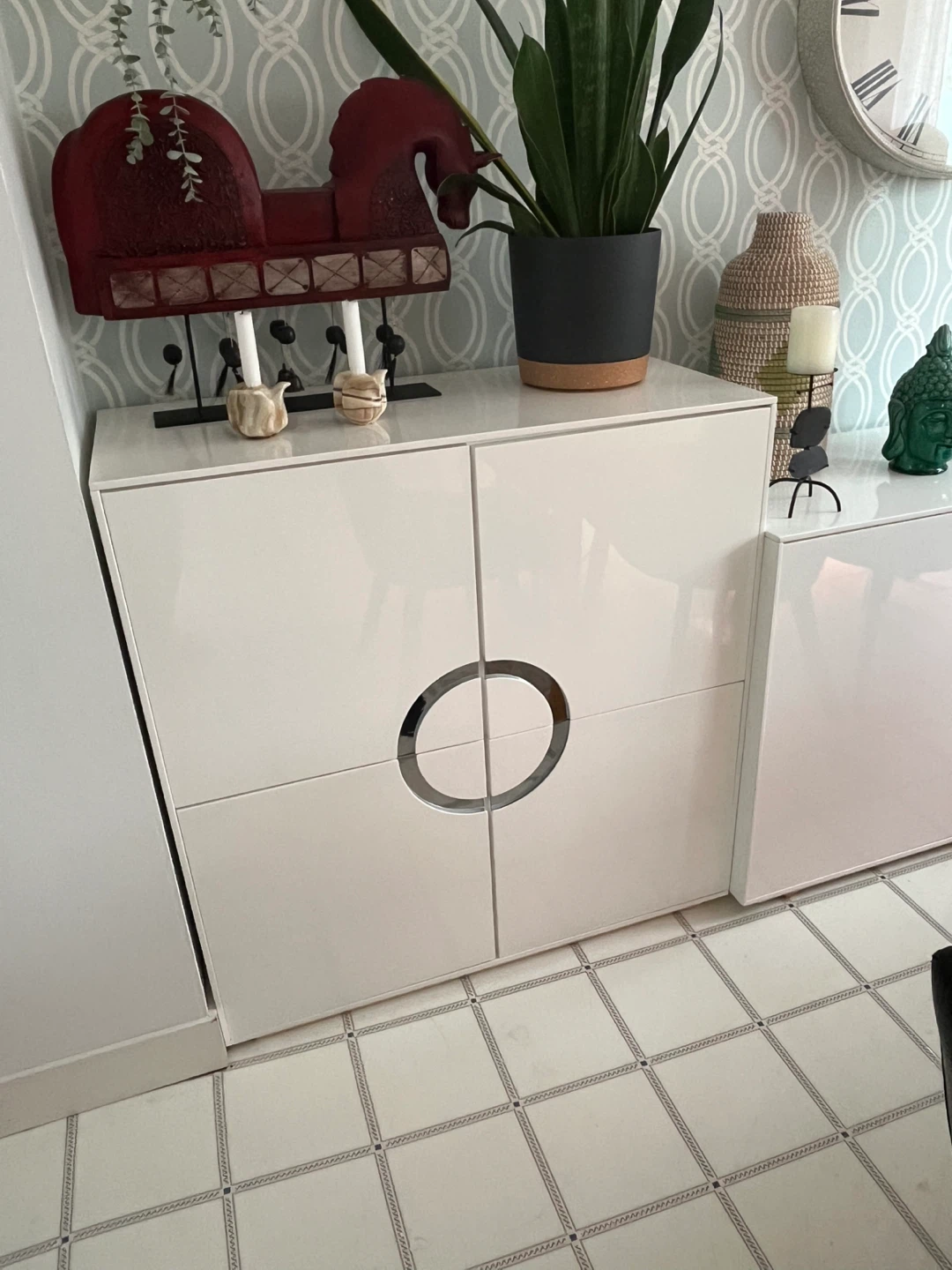 Modern White High-Gloss Cabinet with Circular Handle